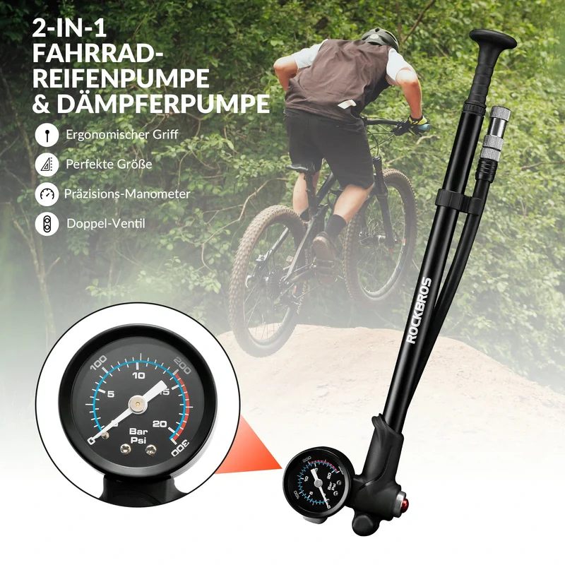 Fahrradpumpe für Gabel, Reifen und Dämpfer, Hochdruck 300 PSI