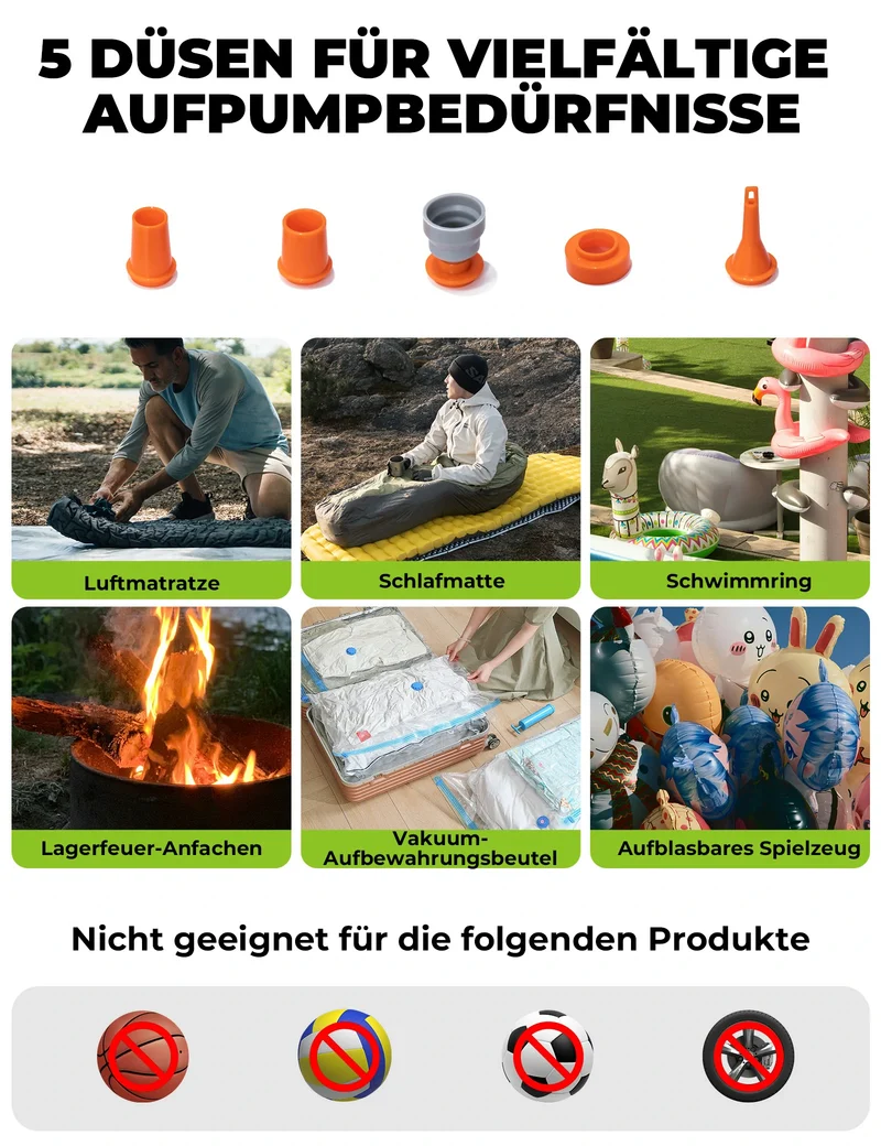 Qunature Mini Elektrische Luftpumpe, Tragbare Ultraleichte 45g Pump mit USB Schnellladung 5 Luftdüse