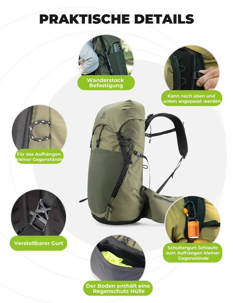 Qunature 25L Wanderrucksack atmungsaktiv - mit abnehmbarer Tasche & Seitenzugang
