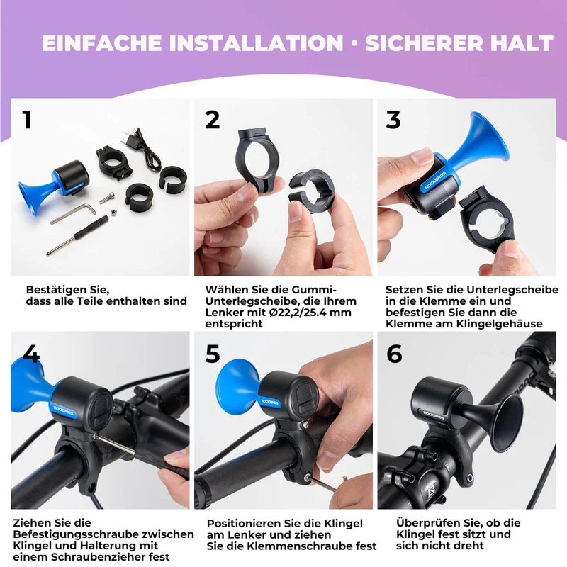 ROCKBROS Fahrradklingel Elektrisch 120dB für 22,2/25,4/31.8 mm Lenker