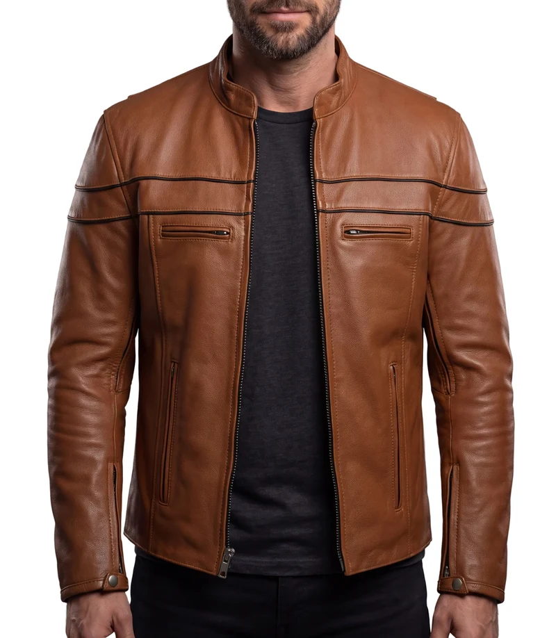 Men's Cognac Brown Premium Cowhide Cafe Racer Leather Motorcycle Jacket with Zipper Vents