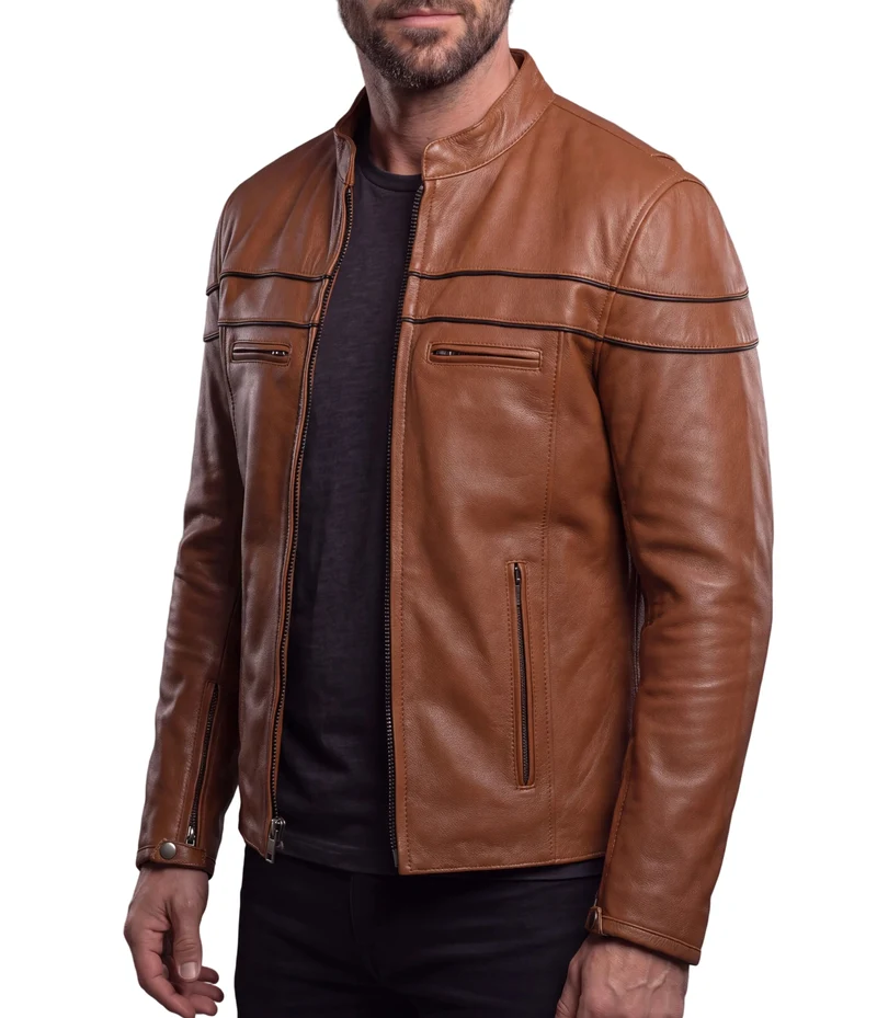Men's Cognac Brown Premium Cowhide Cafe Racer Leather Motorcycle Jacket with Zipper Vents