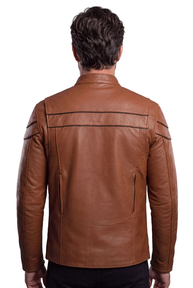Men's Cognac Brown Premium Cowhide Cafe Racer Leather Motorcycle Jacket with Zipper Vents