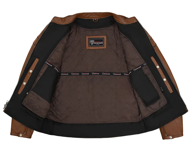 Men's Cognac Brown Premium Cowhide Cafe Racer Leather Motorcycle Jacket with Zipper Vents