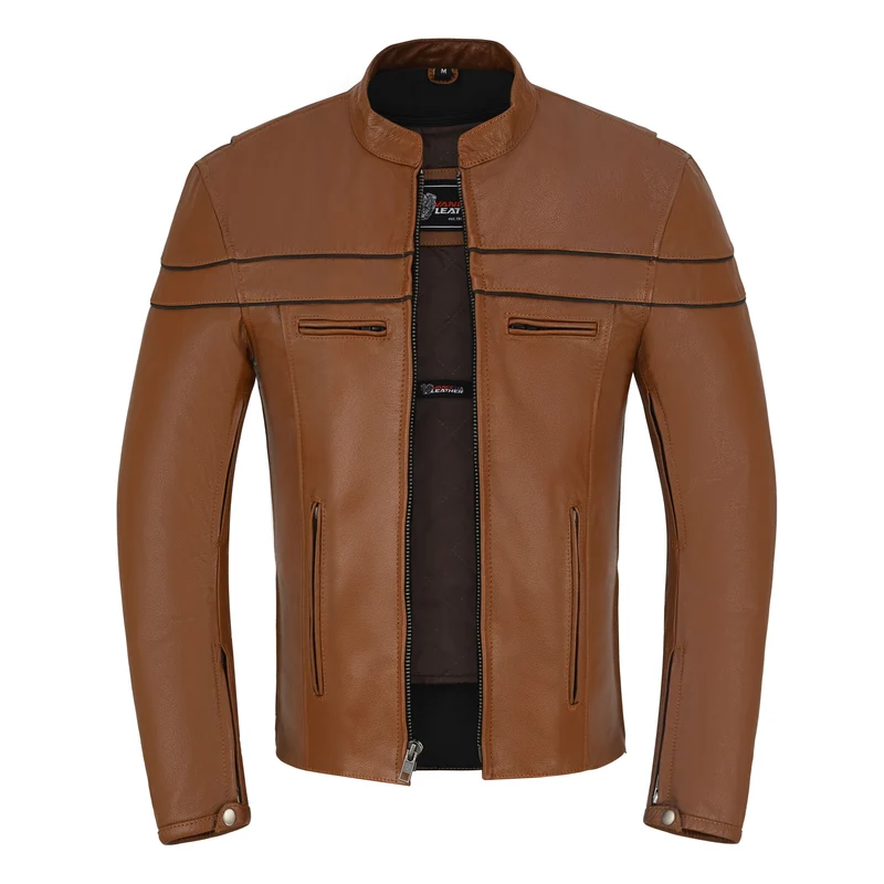 Men's Cognac Brown Premium Cowhide Cafe Racer Leather Motorcycle Jacket with Zipper Vents
