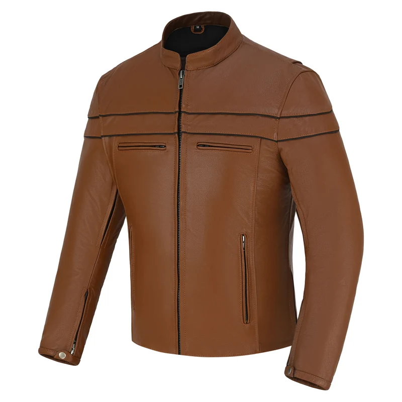 Men's Cognac Brown Premium Cowhide Cafe Racer Leather Motorcycle Jacket with Zipper Vents