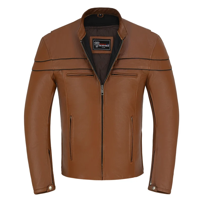 Men's Cognac Brown Premium Cowhide Cafe Racer Leather Motorcycle Jacket with Zipper Vents