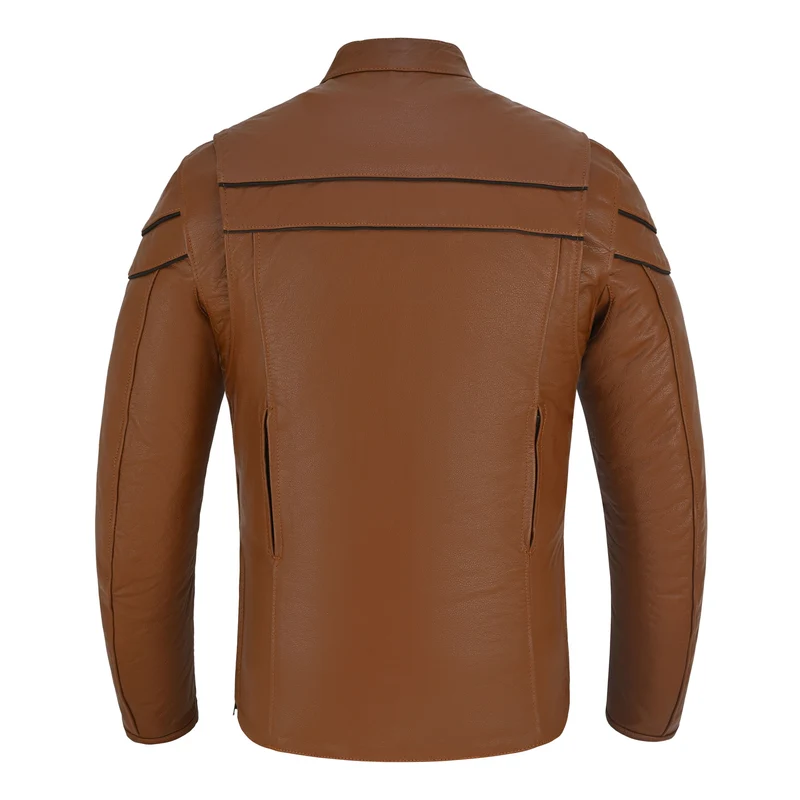 Men's Cognac Brown Premium Cowhide Cafe Racer Leather Motorcycle Jacket with Zipper Vents