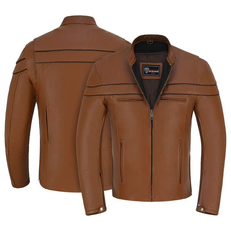 Men's Cognac Brown Premium Cowhide Cafe Racer Leather Motorcycle Jacket with Zipper Vents