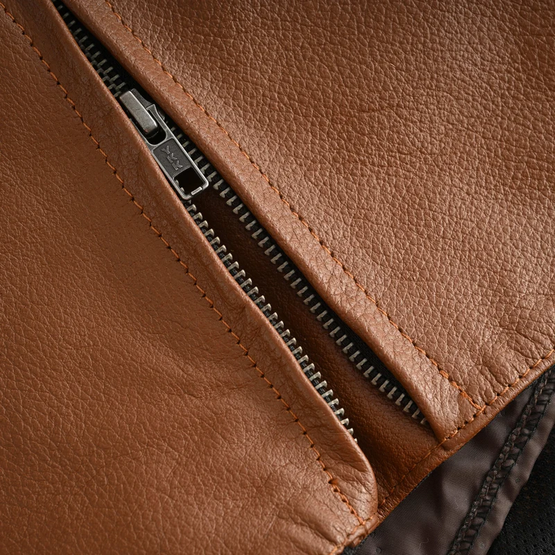 Men's Cognac Brown Premium Cowhide Cafe Racer Leather Motorcycle Jacket with Zipper Vents
