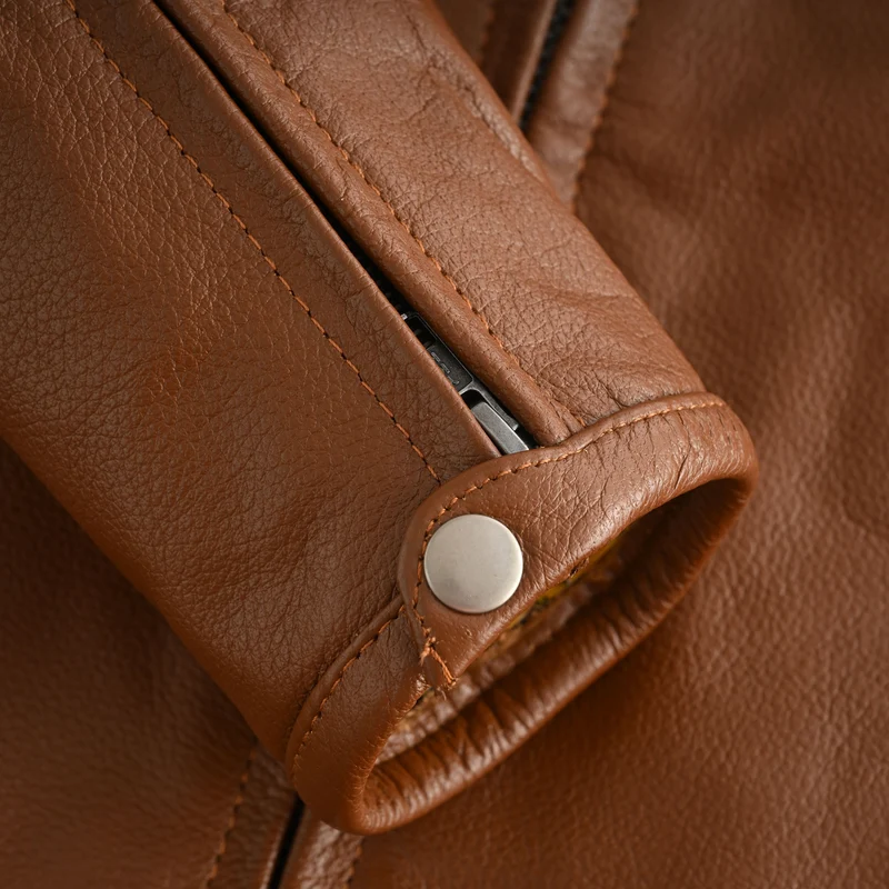 Men's Cognac Brown Premium Cowhide Cafe Racer Leather Motorcycle Jacket with Zipper Vents