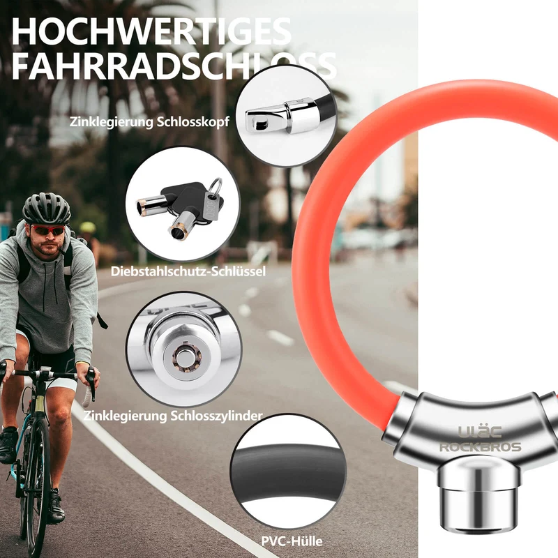 ROCKBROS Fahrradschloss Kabelschloss mit Klettverschlüssen ohne Schlüssel