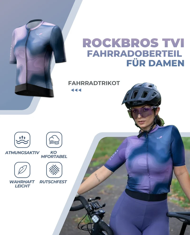 ROCKBROS TVI Damen Kurzarm-Radtrikot Sommer Schnelltrocknend mit 3 Taschen