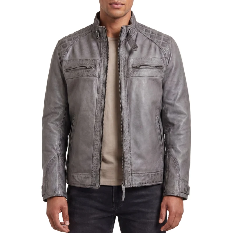 Men's Cafe Racer Waxed Lambskin Distressed Grey Motorcycle Leather Jacket