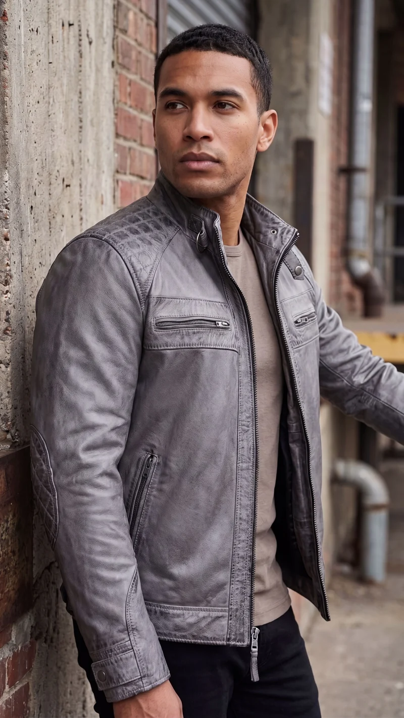 Men's Cafe Racer Waxed Lambskin Distressed Grey Motorcycle Leather Jacket