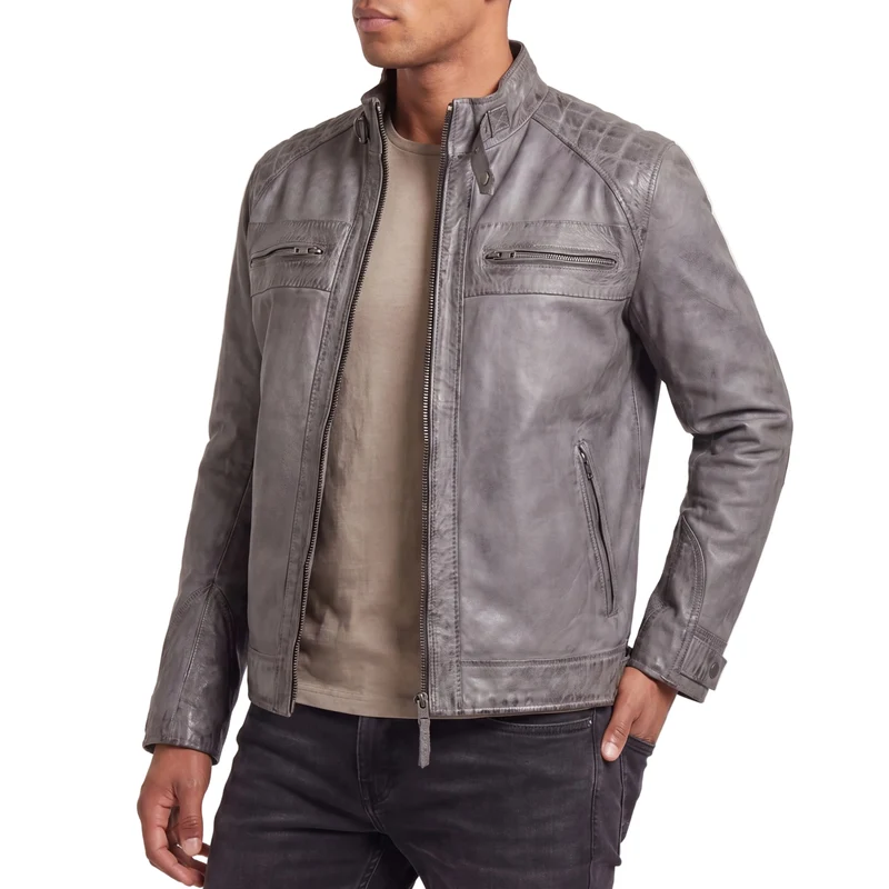 Men's Cafe Racer Waxed Lambskin Distressed Grey Motorcycle Leather Jacket