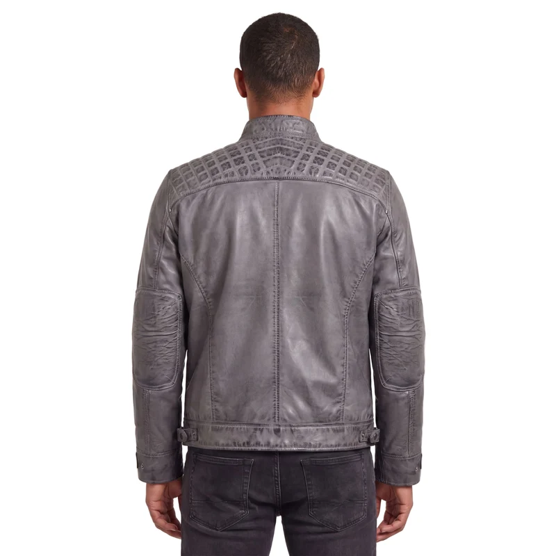 Men's Cafe Racer Waxed Lambskin Distressed Grey Motorcycle Leather Jacket