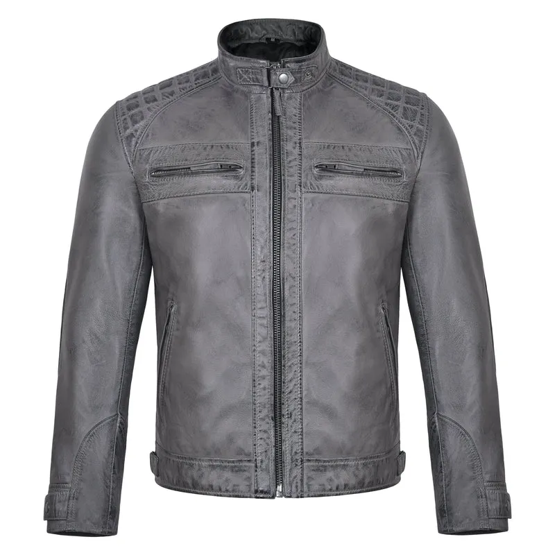 Men's Cafe Racer Waxed Lambskin Distressed Grey Motorcycle Leather Jacket