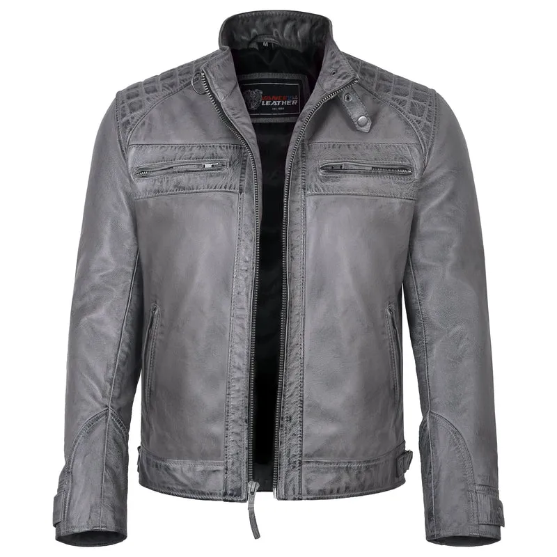 Men's Cafe Racer Waxed Lambskin Distressed Grey Motorcycle Leather Jacket