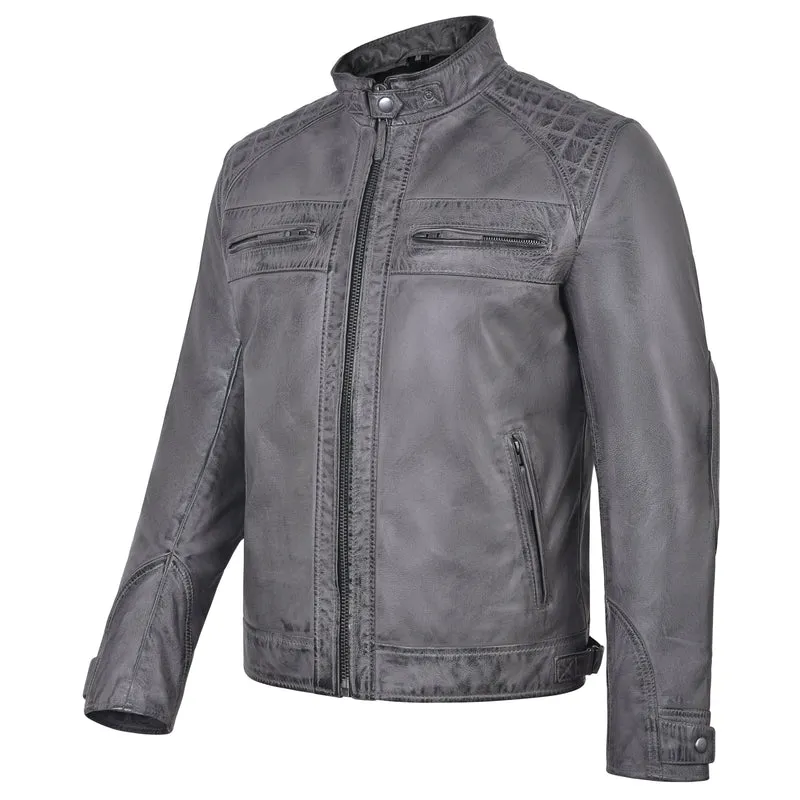Men's Cafe Racer Waxed Lambskin Distressed Grey Motorcycle Leather Jacket