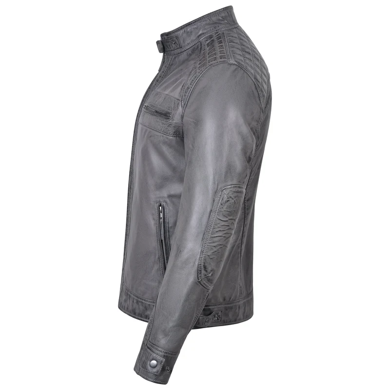Men's Cafe Racer Waxed Lambskin Distressed Grey Motorcycle Leather Jacket