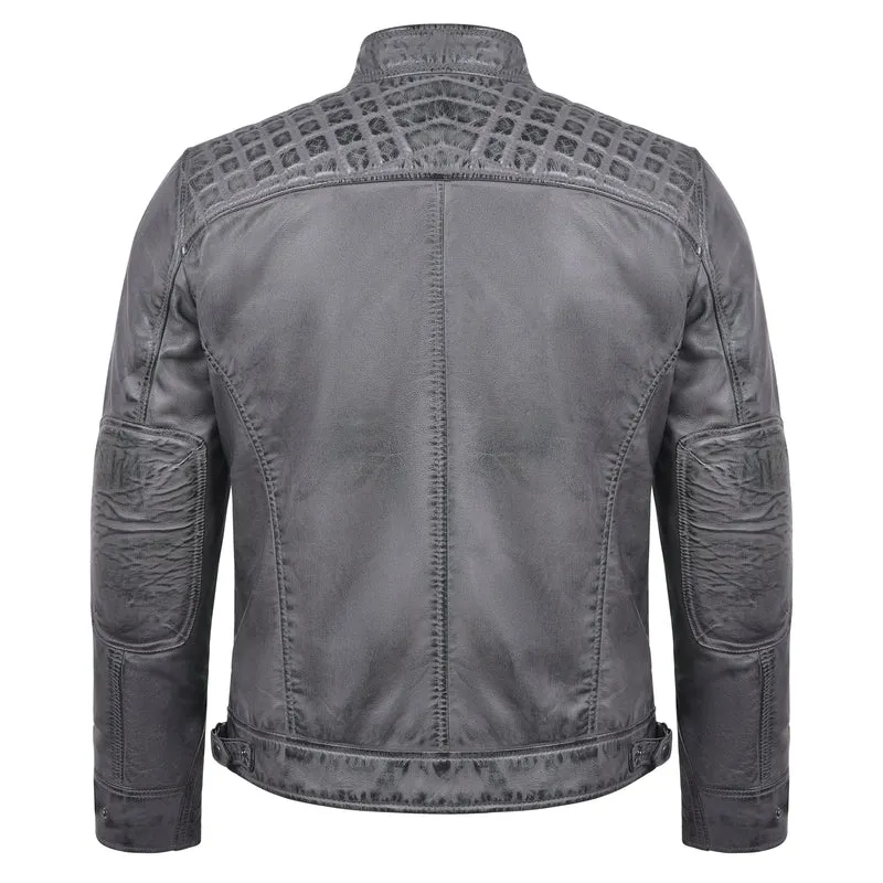 Men's Cafe Racer Waxed Lambskin Distressed Grey Motorcycle Leather Jacket