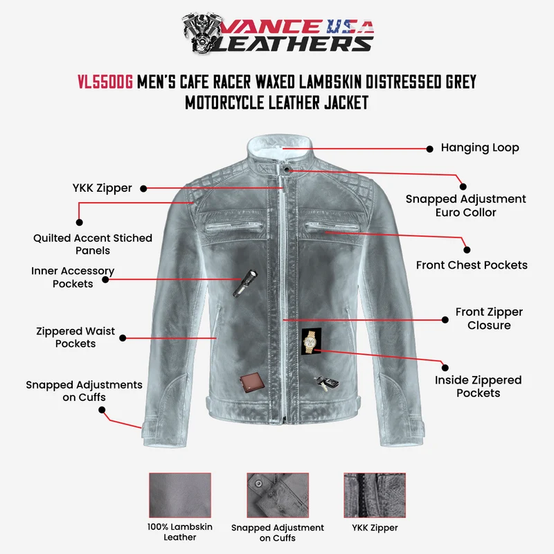 Men's Cafe Racer Waxed Lambskin Distressed Grey Motorcycle Leather Jacket