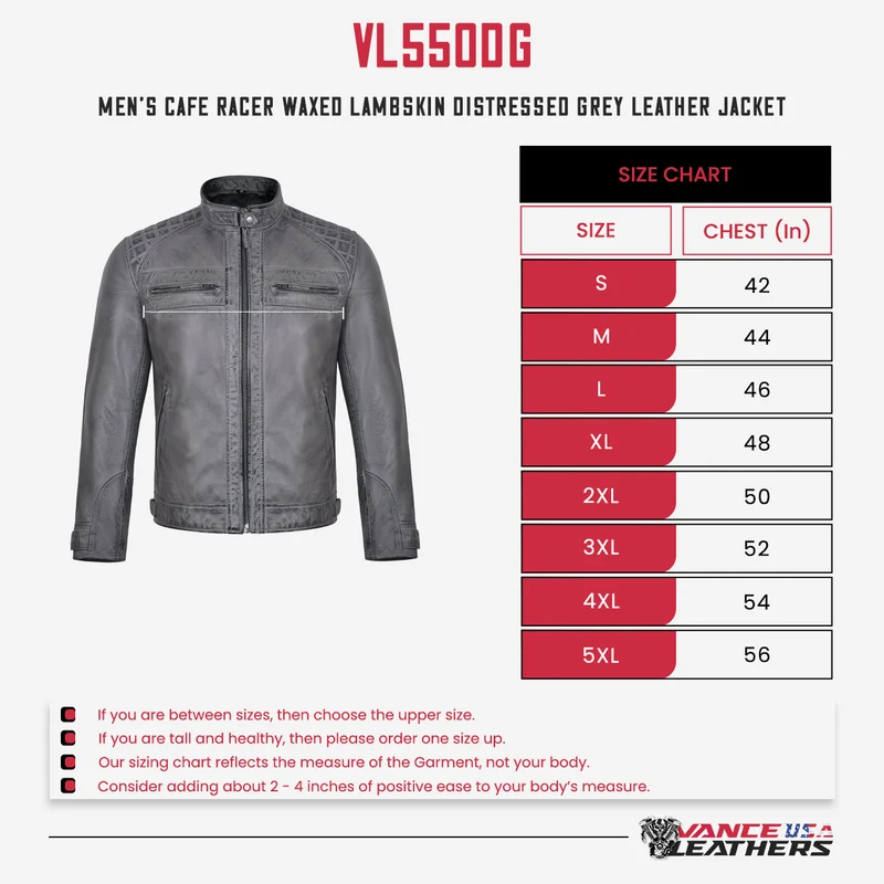 Men's Cafe Racer Waxed Lambskin Distressed Grey Motorcycle Leather Jacket