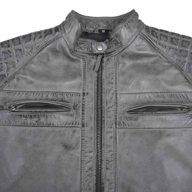 Men's Cafe Racer Waxed Lambskin Distressed Grey Motorcycle Leather Jacket