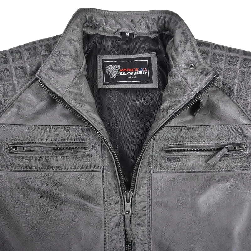 Men's Cafe Racer Waxed Lambskin Distressed Grey Motorcycle Leather Jacket