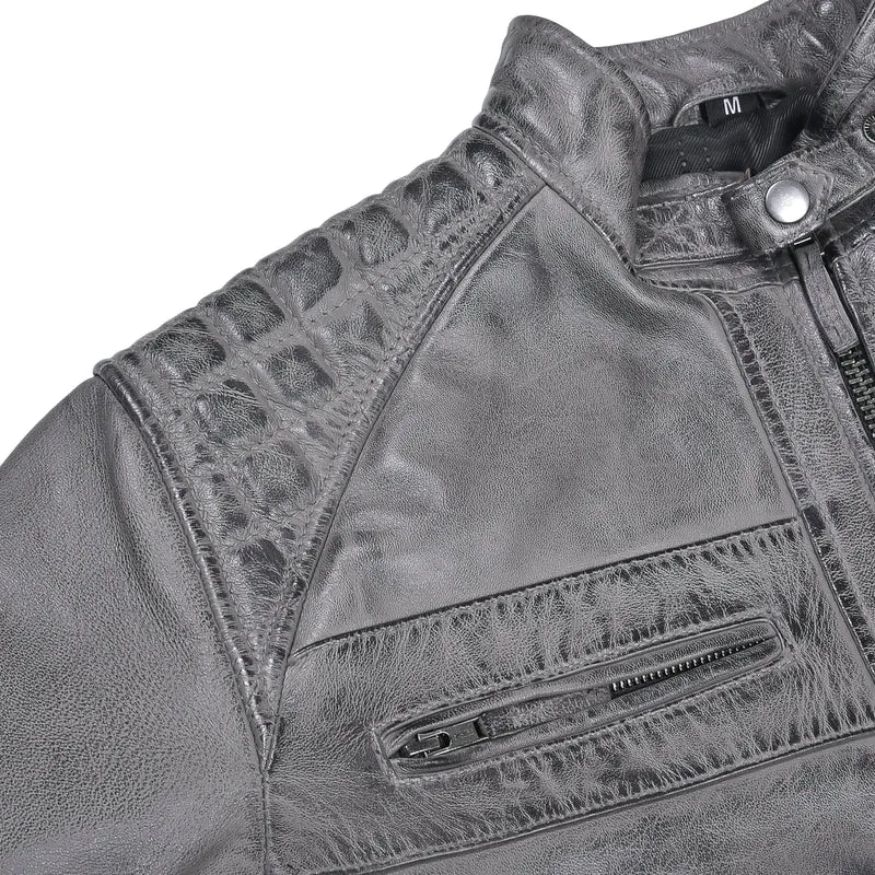 Men's Cafe Racer Waxed Lambskin Distressed Grey Motorcycle Leather Jacket