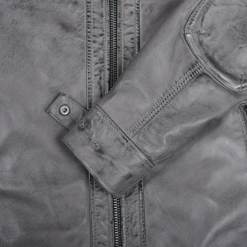 Men's Cafe Racer Waxed Lambskin Distressed Grey Motorcycle Leather Jacket