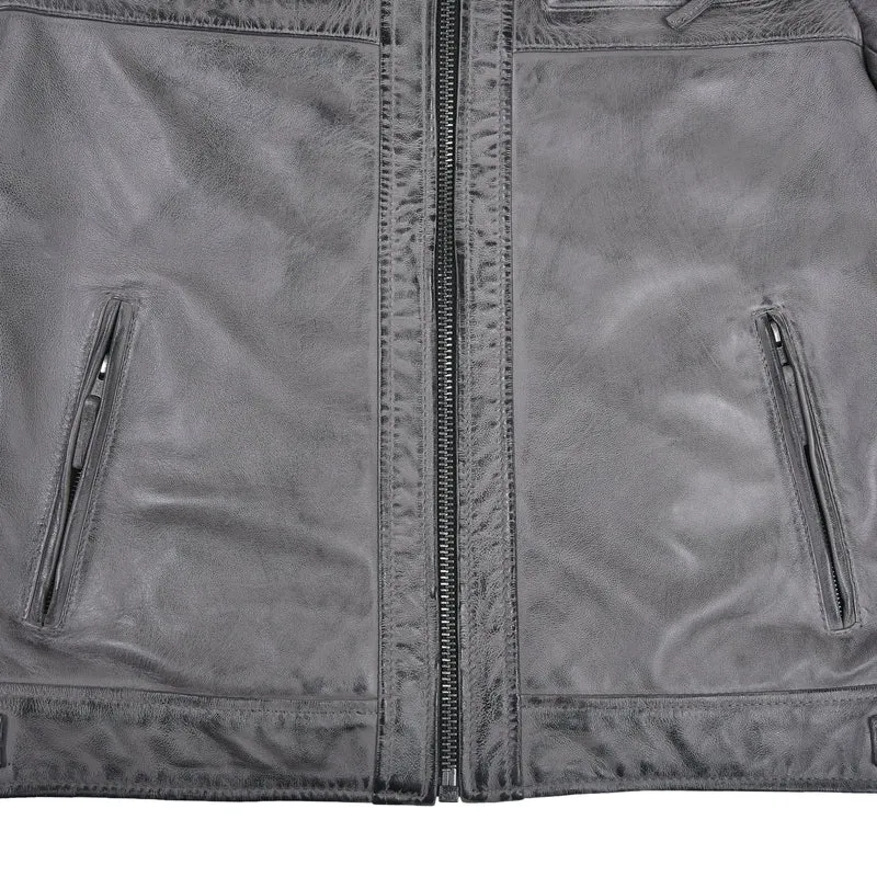 Men's Cafe Racer Waxed Lambskin Distressed Grey Motorcycle Leather Jacket
