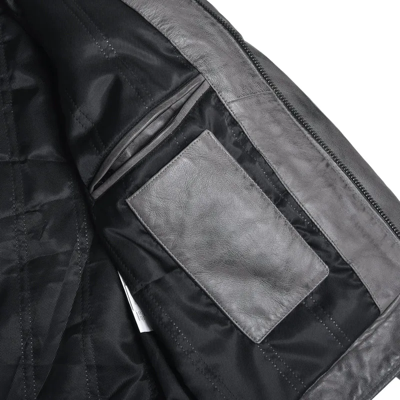 Men's Cafe Racer Waxed Lambskin Distressed Grey Motorcycle Leather Jacket