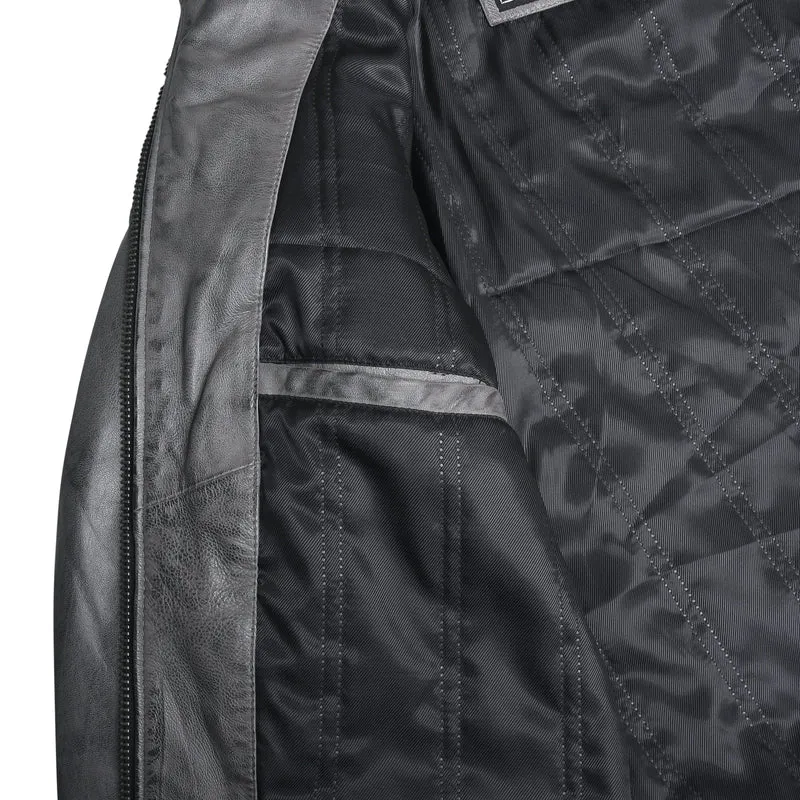 Men's Cafe Racer Waxed Lambskin Distressed Grey Motorcycle Leather Jacket