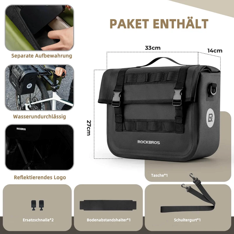 ROCKBROS Wasserdicht Fahrrad Gepäckträgertasche mit Schultergurt hinten 15L