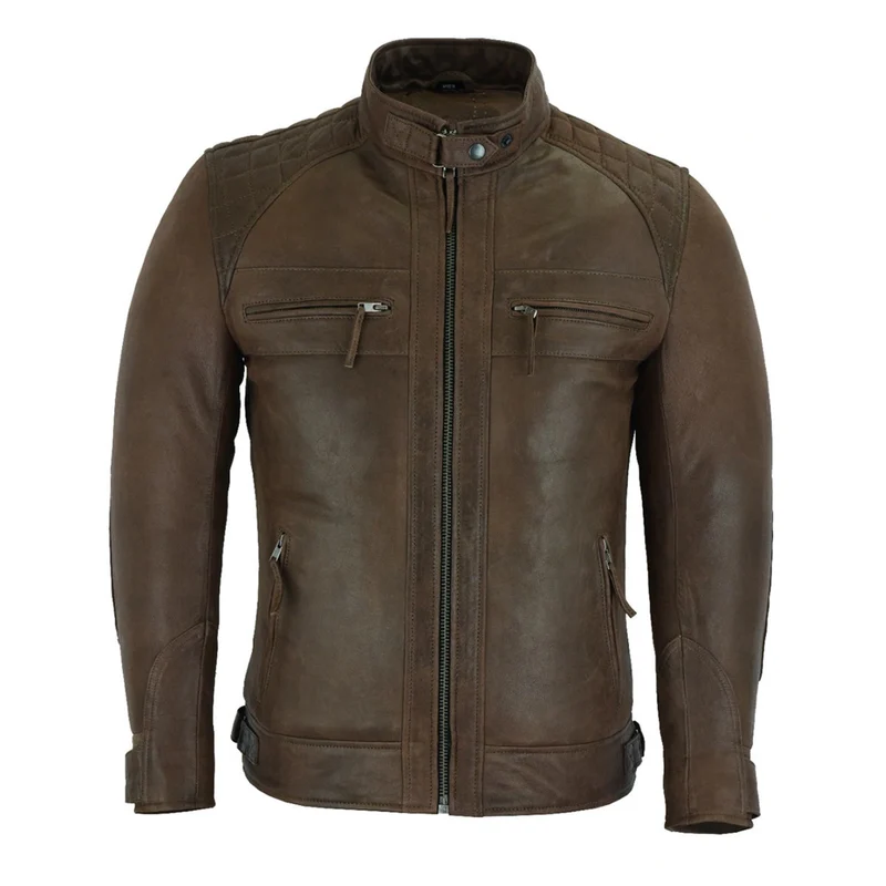 Mens Cafe Racer Waxed Lambskin Chocolate Brown Motorcycle Leather Jacket