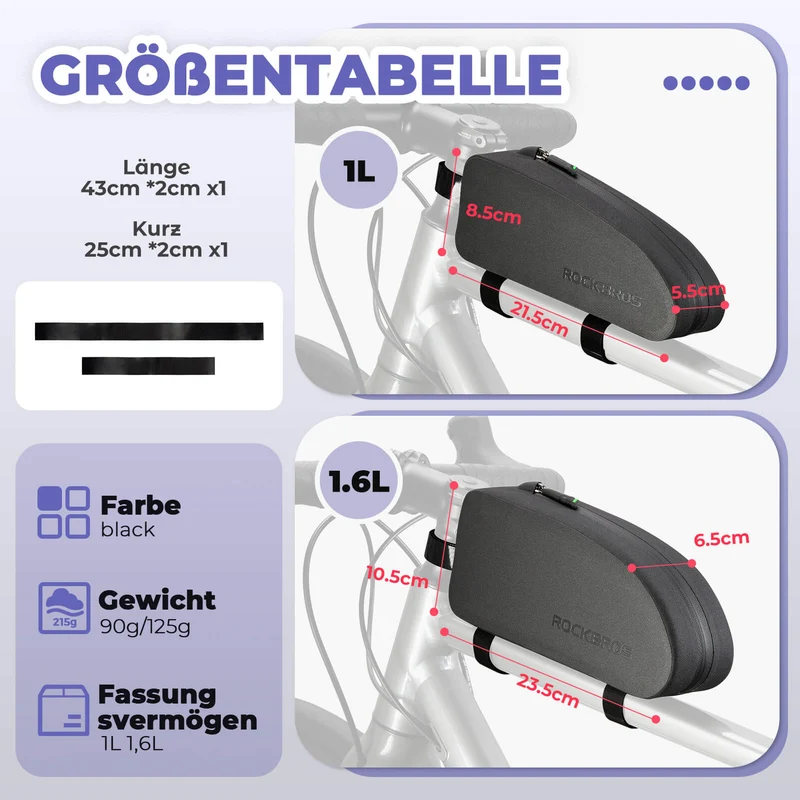 ROCKBROS Fahrrad Rahmentasche wasserdicht Staubfest Schwarz 1L/1,6 L
