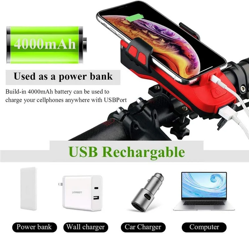 550Lumen - Telefoonhouder fiets met Powerbank - Fietslicht USB Oplaadbaar - met hoorn