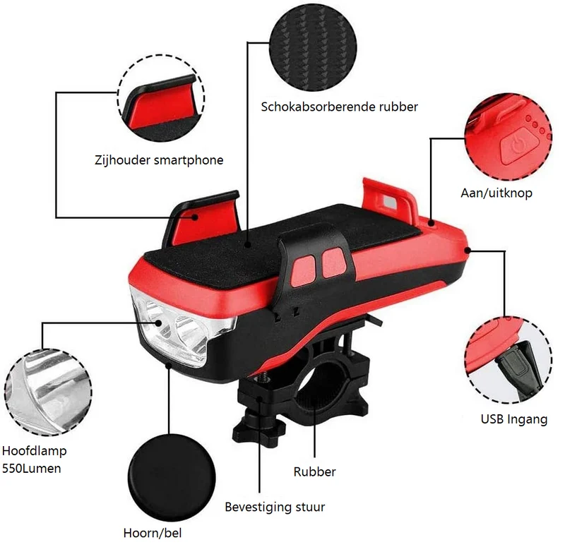 550Lumen - Telefoonhouder fiets met Powerbank - Fietslicht USB Oplaadbaar - met hoorn