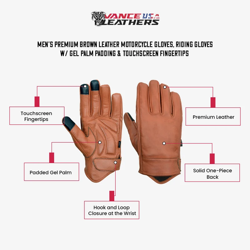 Men’s Premium Brown Leather Motorcycle Gloves, Riding Gloves w/ Gel Palm Padding & Touchscreen Fingertips