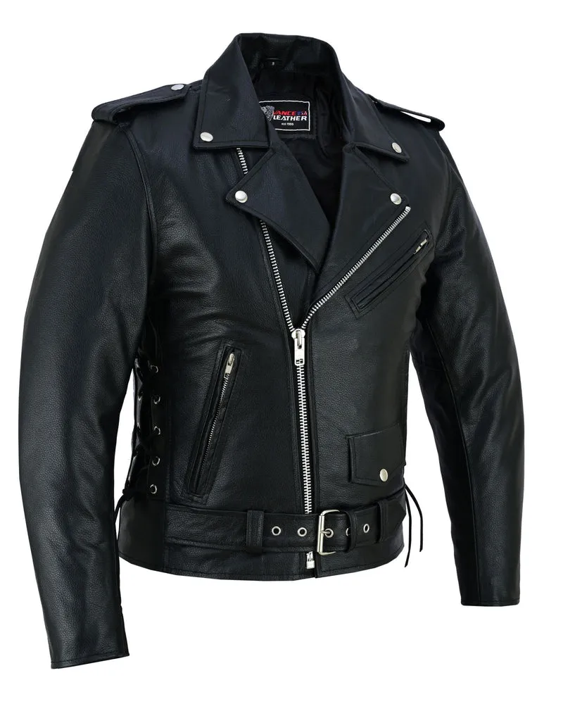 Men's Black Leather Motorcycle Jacket with CE Armor, Classic Biker Style w/ Side Lace & Belted Waist