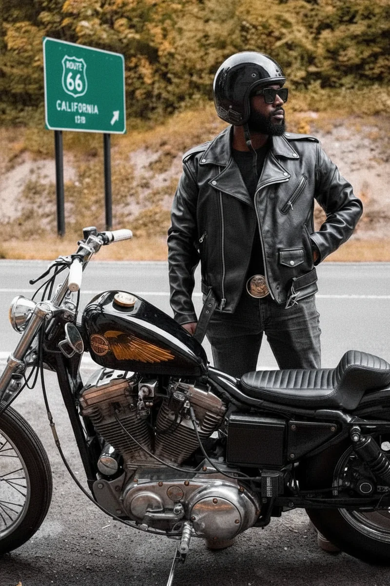 Men's Black Leather Motorcycle Jacket with CE Armor, Classic Biker Style w/ Side Lace & Belted Waist