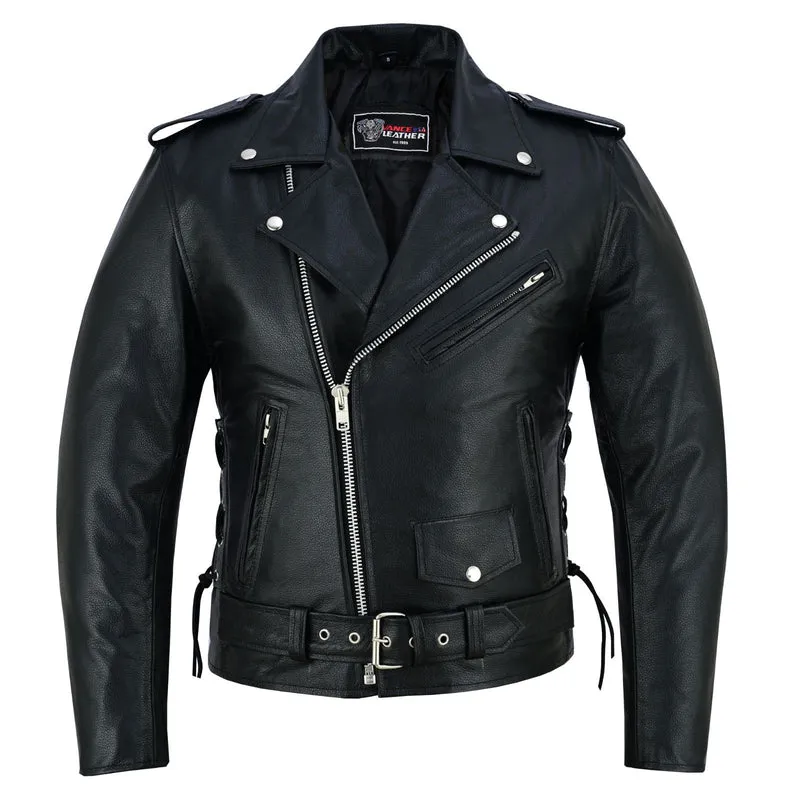 Men's Black Leather Motorcycle Jacket with CE Armor, Classic Biker Style w/ Side Lace & Belted Waist