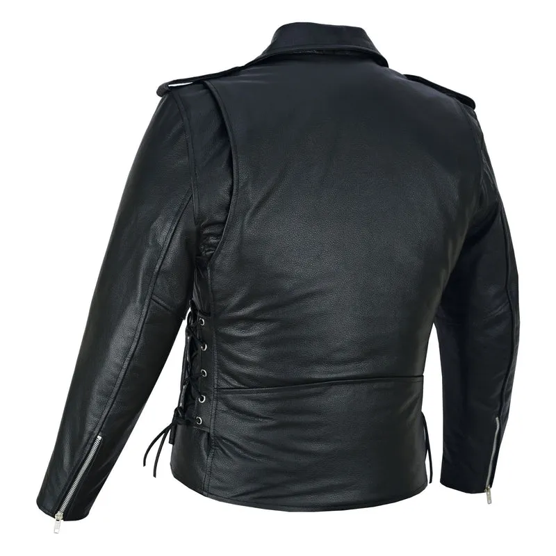 Men's Black Leather Motorcycle Jacket with CE Armor, Classic Biker Style w/ Side Lace & Belted Waist
