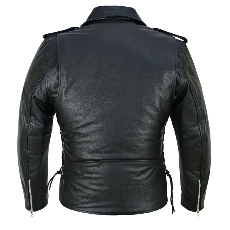 Men's Black Leather Motorcycle Jacket with CE Armor, Classic Biker Style w/ Side Lace & Belted Waist