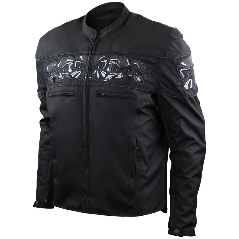 Mens Black Embroidered Reflective Skull CE Armored Textile Biker Motorcycle Jacket