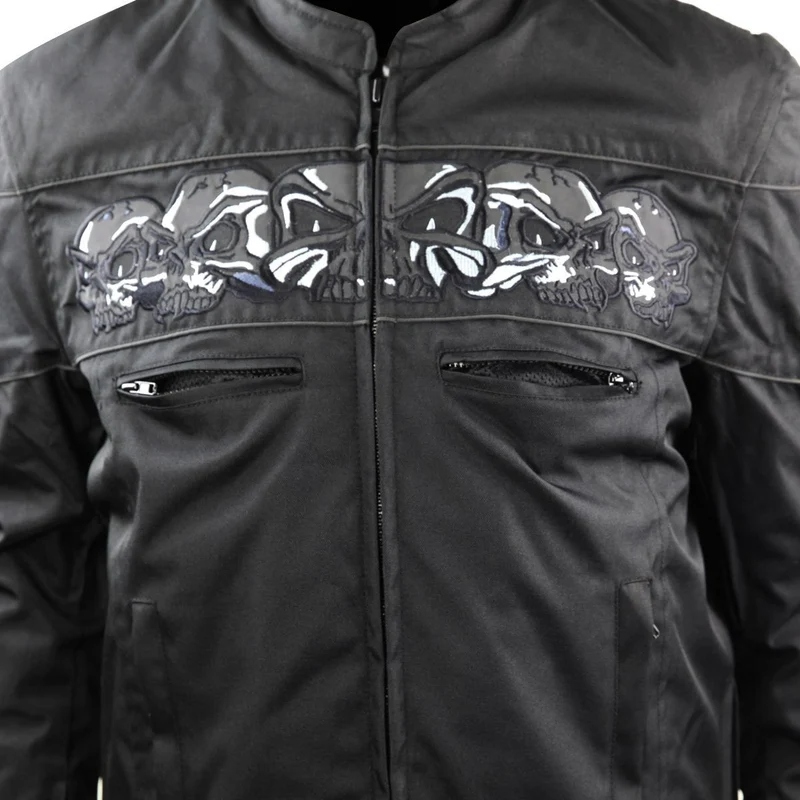 Mens Black Embroidered Reflective Skull CE Armored Textile Biker Motorcycle Jacket
