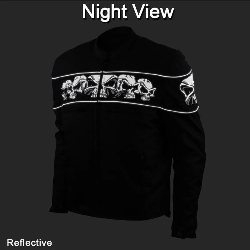 Mens Black Embroidered Reflective Skull CE Armored Textile Biker Motorcycle Jacket