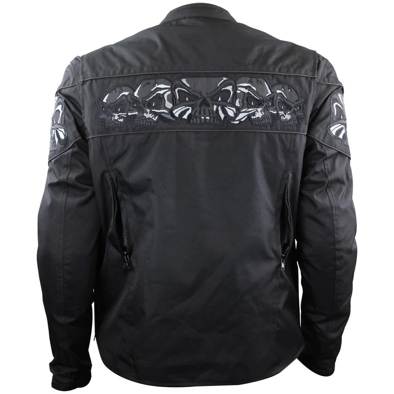 Mens Black Embroidered Reflective Skull CE Armored Textile Biker Motorcycle Jacket